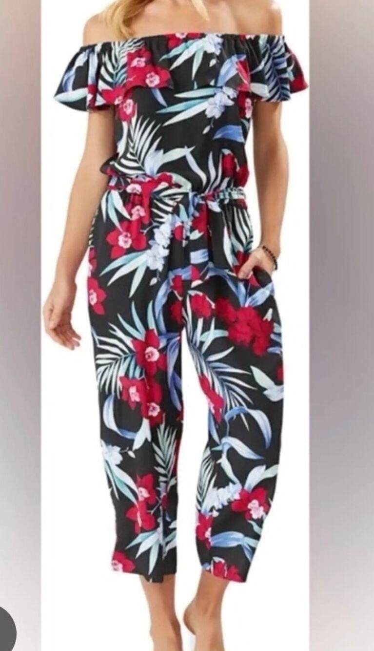 Tommy Bahama Midnight Orchid Off Shoulder Wide Leg Jumpsuit Size L